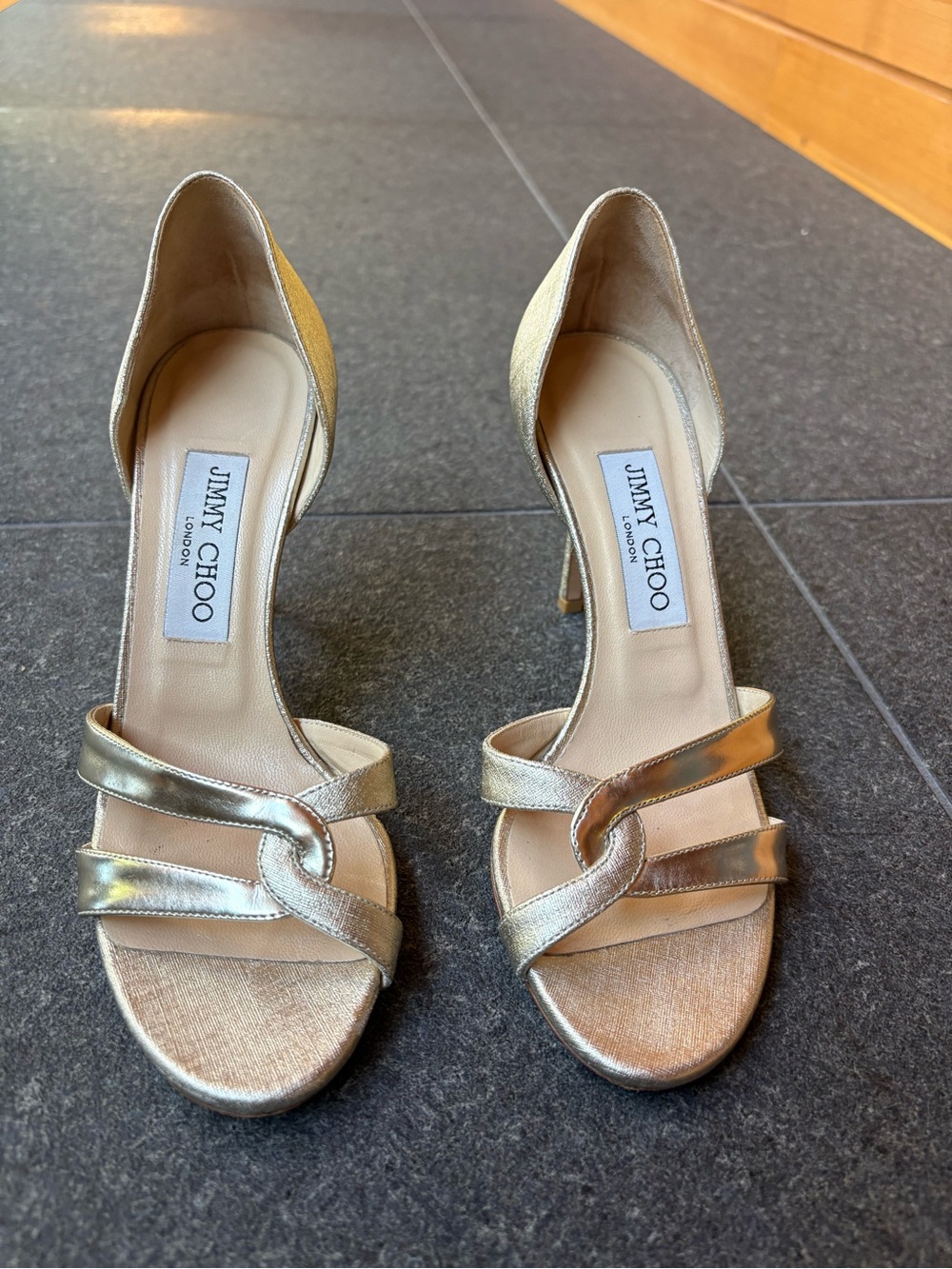 Jimmy Choo Metallic Gold Strappy D'Orsay Heels